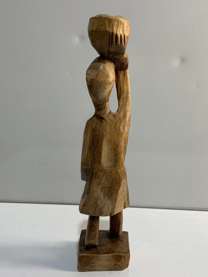 Hand Carved Wood Haitian or African Woman. Figurine with Basket