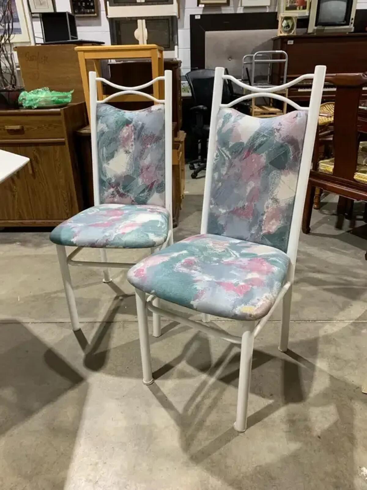 Pastel Vintage Print and White Metal Frame Chairs -set of 2