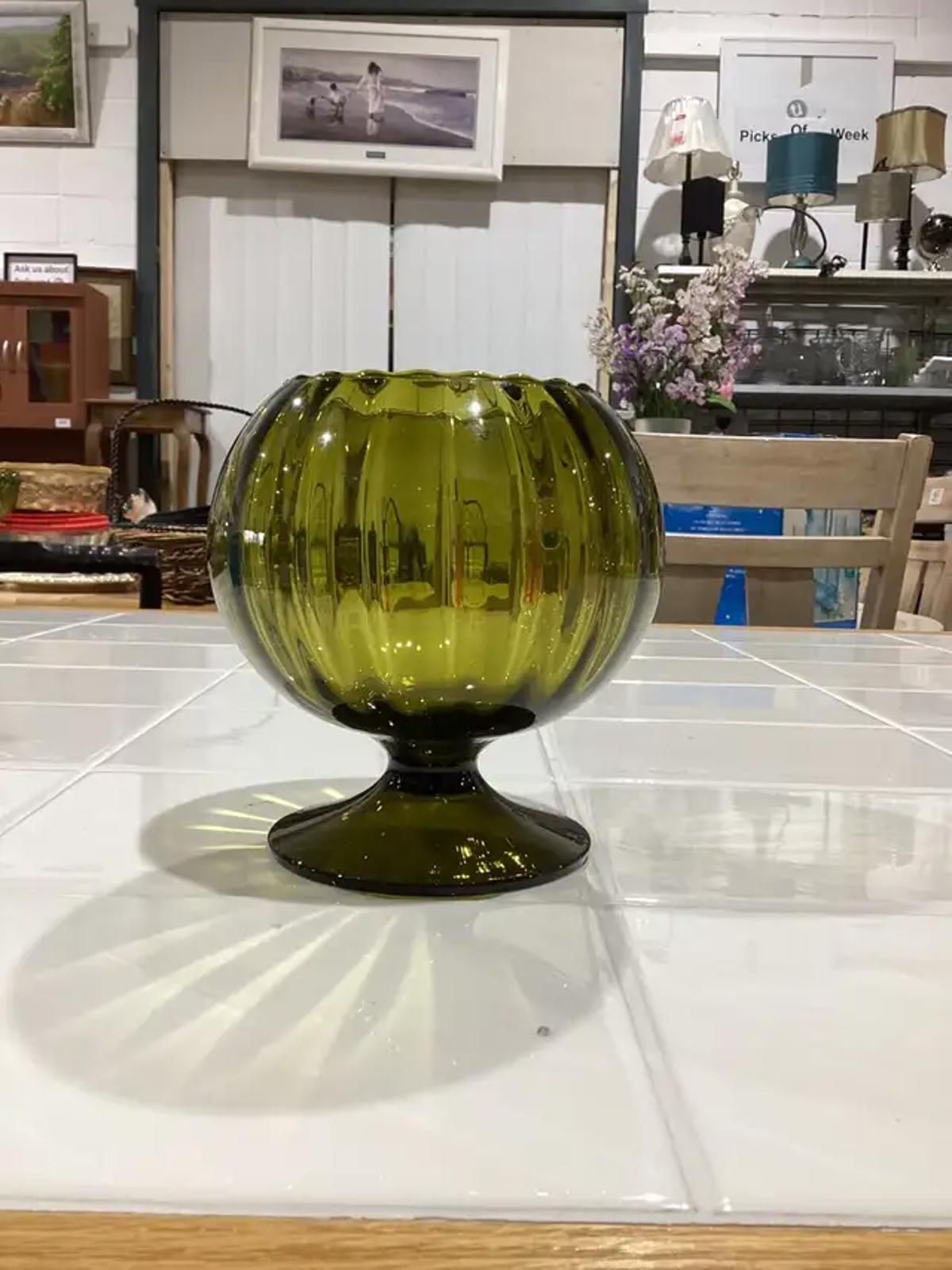 Ribbed Green Glass Vase