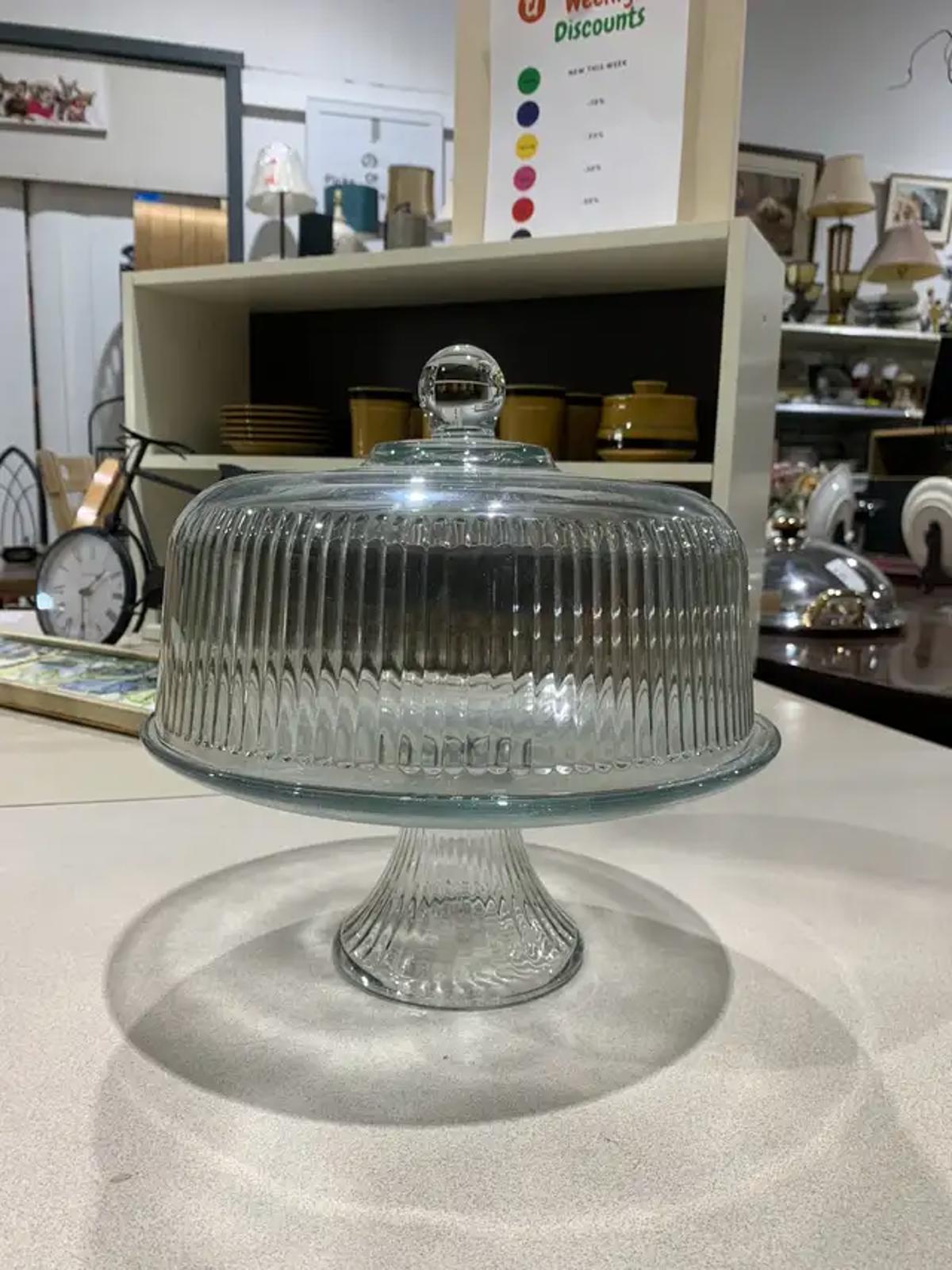 Ribbed Glass Cake Stand with Lid