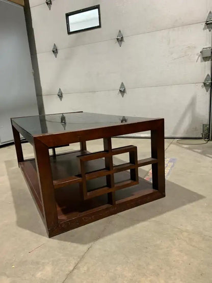 Wooden Black Glass Top Coffee Table with Geometric Design