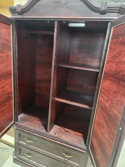 Dark Wood Armoire with Mirrored Doors and Drawers