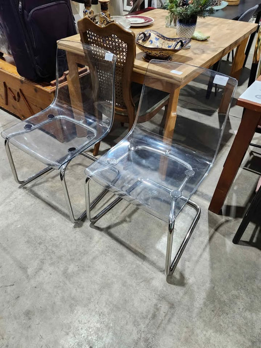Pair of Clear Acrylic and Chrome Dining Chairs