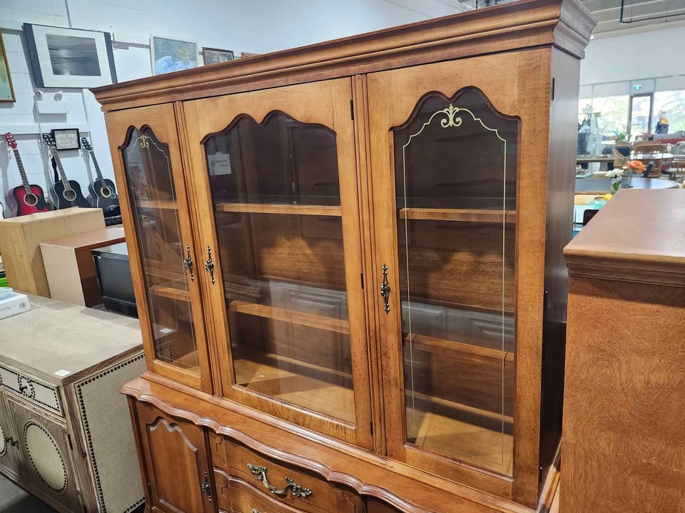 Vintage Wooden 2-Piece Hutch with Glass Doors
