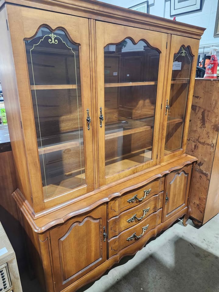 Vintage Wooden 2-Piece Hutch with Glass Doors