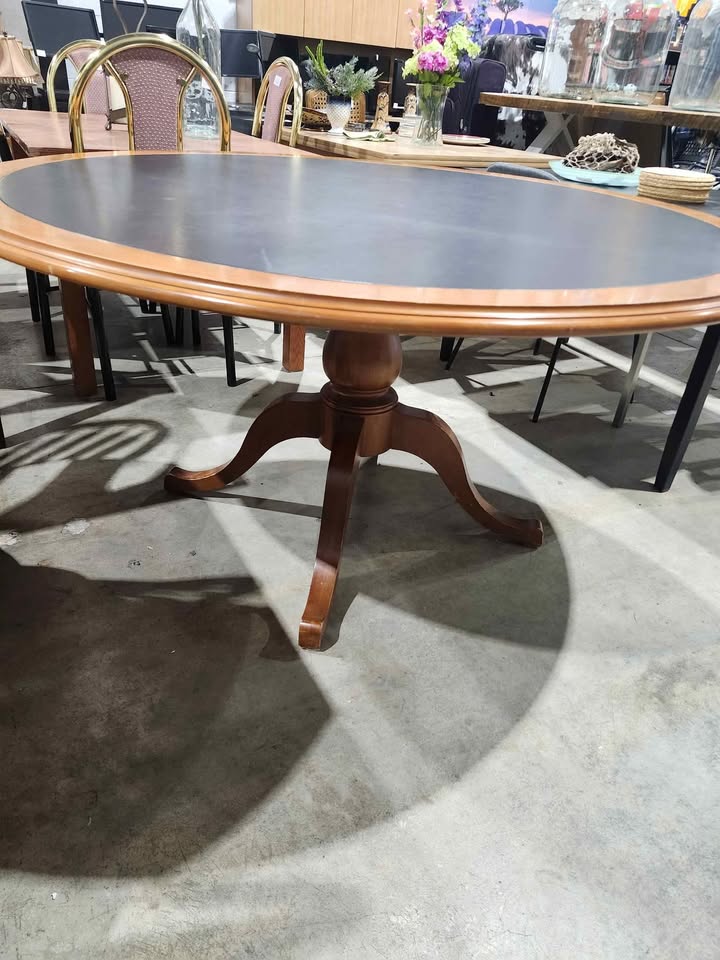Large Round Wooden Dining Table with Pedestal Base