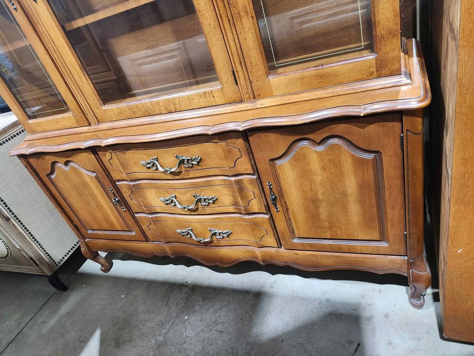 Vintage Wooden 2-Piece Hutch with Glass Doors