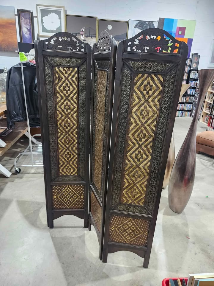 Four-panel Hand Woven Wooden/Metallic Room Divider