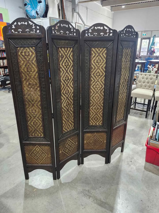Four-panel Hand Woven Wooden/Metallic Room Divider