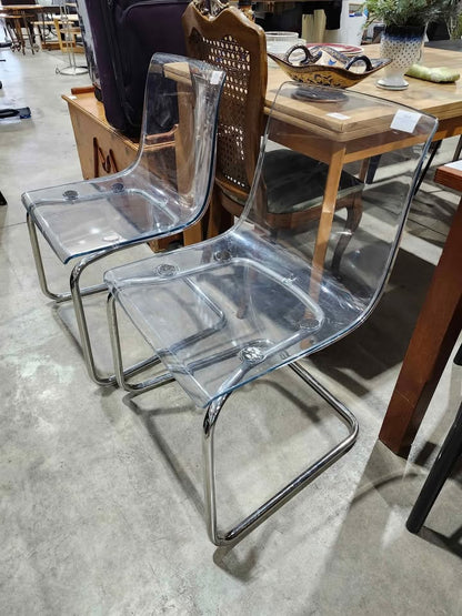 Pair of Clear Acrylic and Chrome Dining Chairs