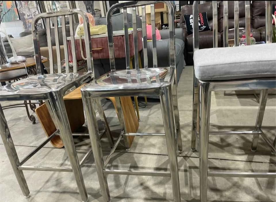 Set of Four Stainless Steel Bar Stools with Cushions