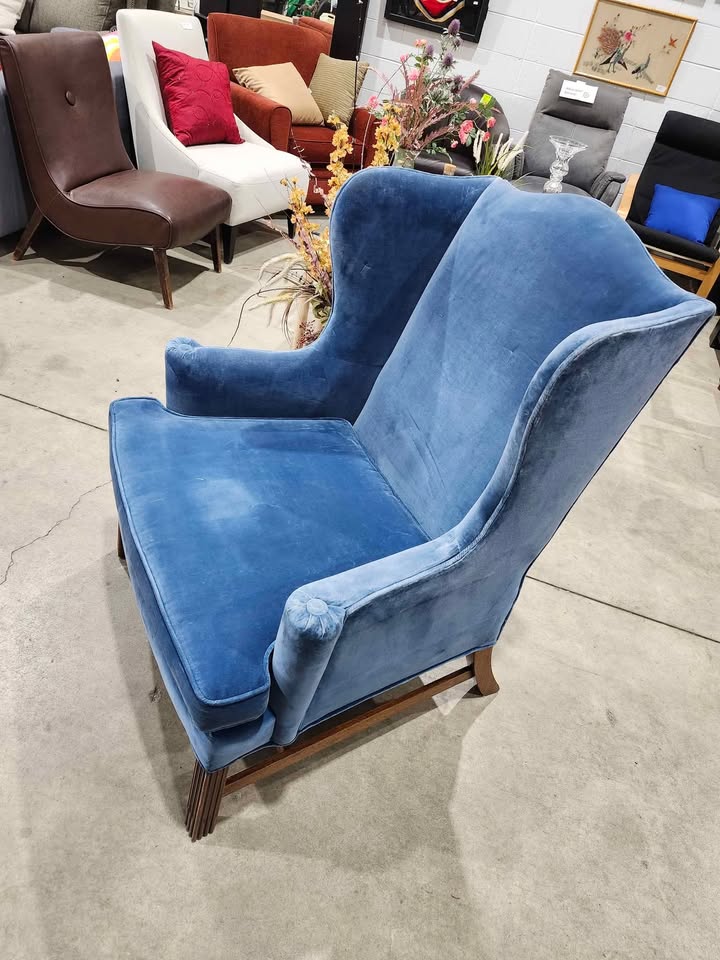 Vintage Blue Velvet Wingback Chair