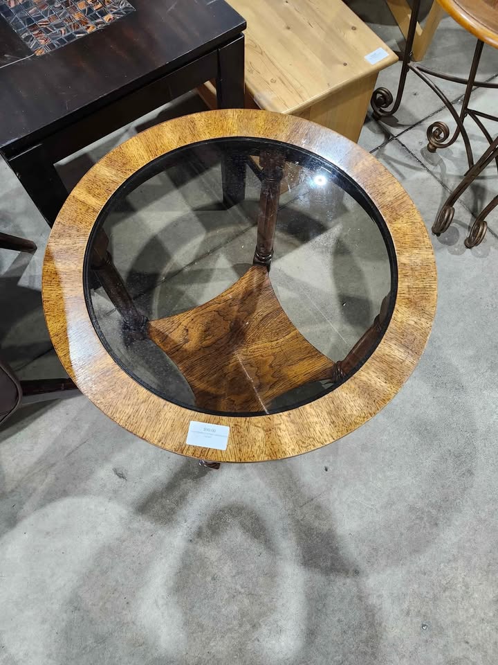 Round Wooden End Table with Glass Top