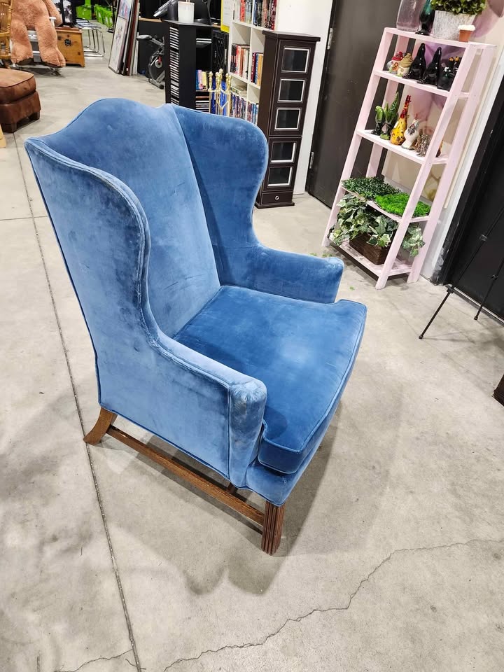 Vintage Blue Velvet Wingback Chair