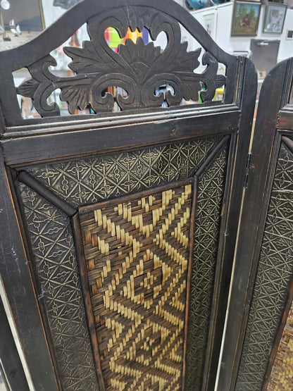 Four-panel Hand Woven Wooden/Metallic Room Divider