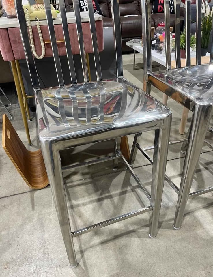 Set of Four Stainless Steel Bar Stools with Cushions
