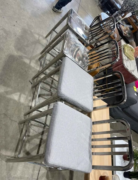 Set of Four Stainless Steel Bar Stools with Cushions