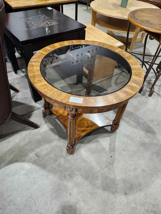 Round Wooden End Table with Glass Top