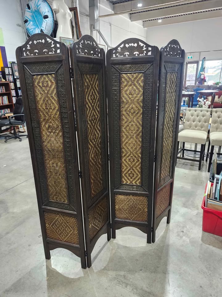 Four-panel Hand Woven Wooden/Metallic Room Divider