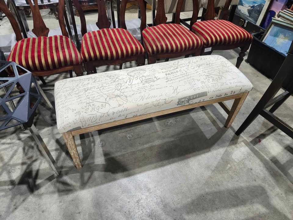 Upholstered Bench with Distressed Wood