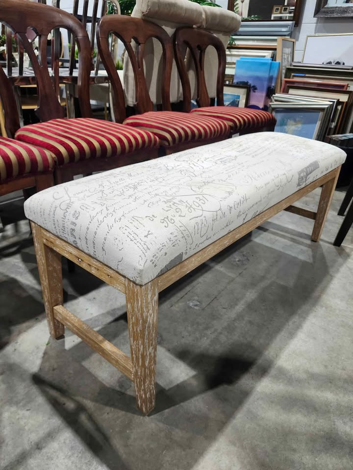 Upholstered Bench with Distressed Wood