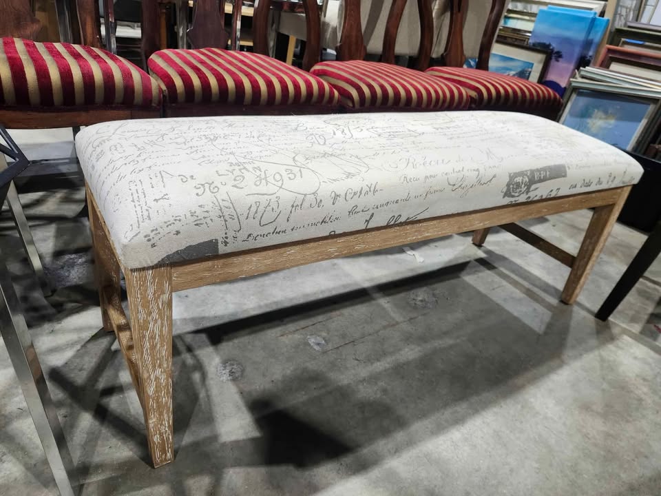 Upholstered Bench with Distressed Wood