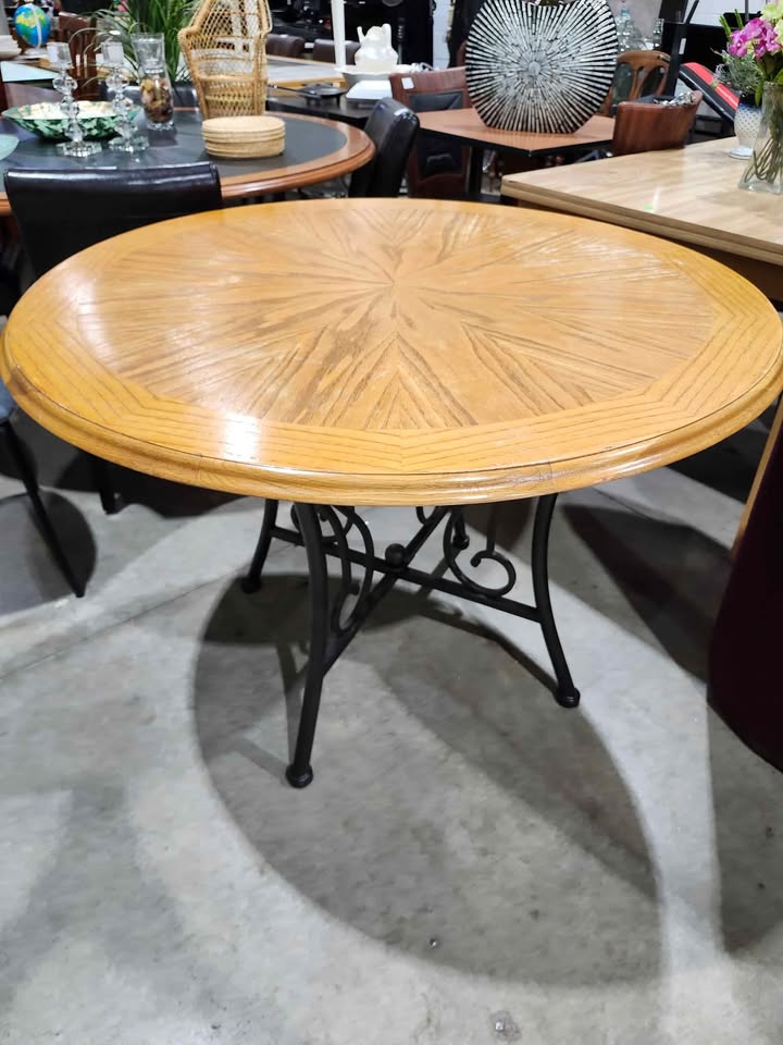 Round Wooden Table with Iron Legs