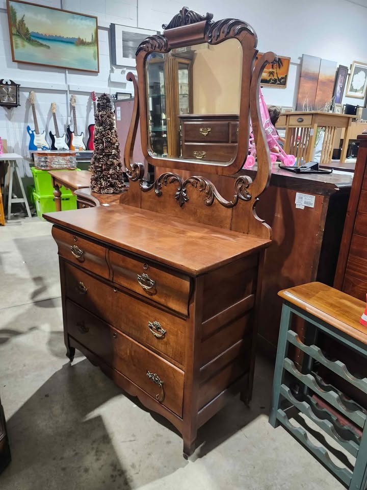 Antique Wooden Dresser with Mirror