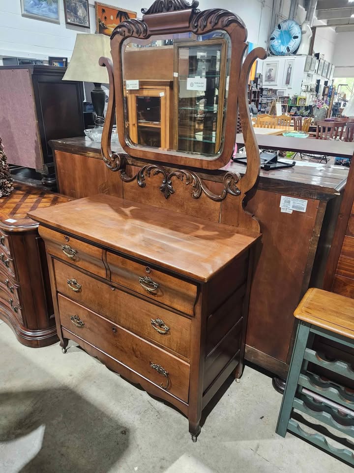 Antique Wooden Dresser with Mirror