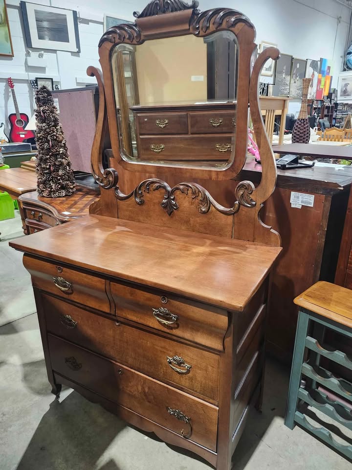 Antique Wooden Dresser with Mirror