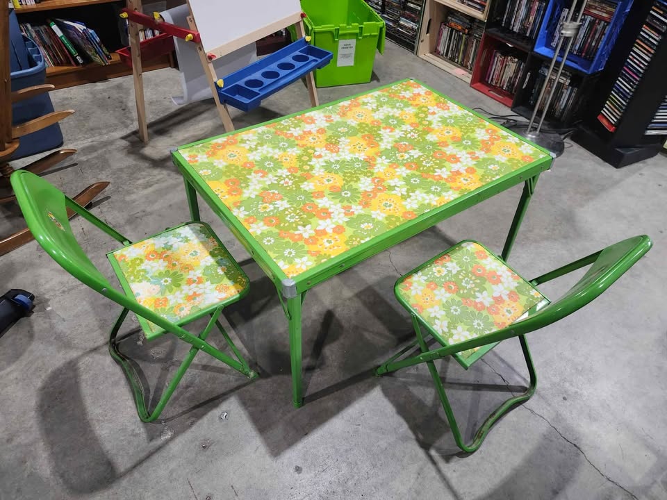 Vintage Kid's Folding Metal Table and Chairs Set - 1974