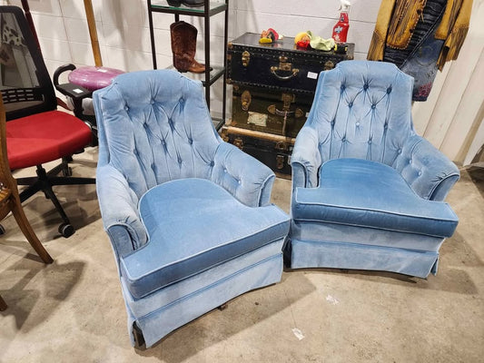 Vintage Light Blue Velvet Tufted Swivel Armchairs
