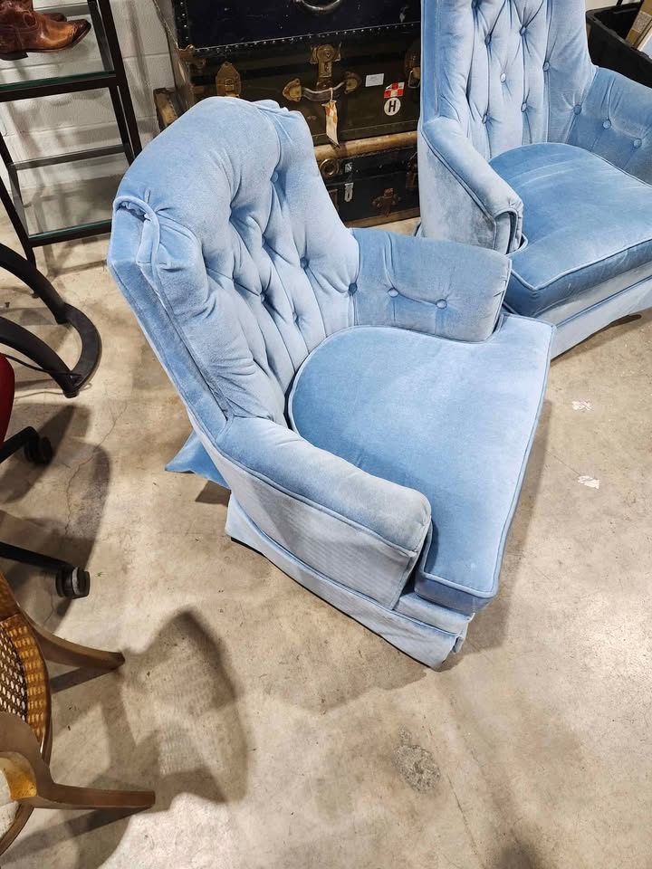 Vintage Light Blue Velvet Tufted Swivel Armchairs