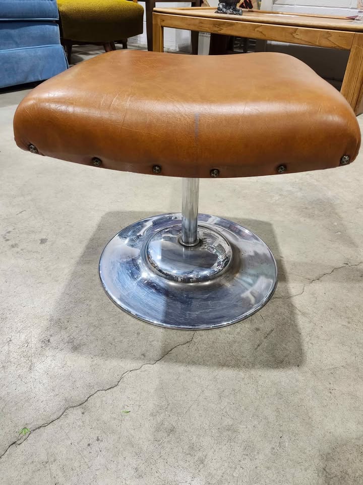Vintage Brown Leather Swivel Ottoman - 1974
