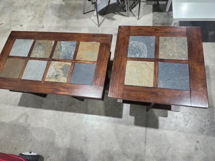 Wood Coffee/Side Tables with Slate Tile Inlay