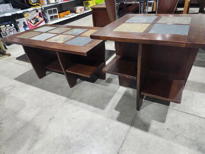 Wood Coffee/Side Tables with Slate Tile Inlay