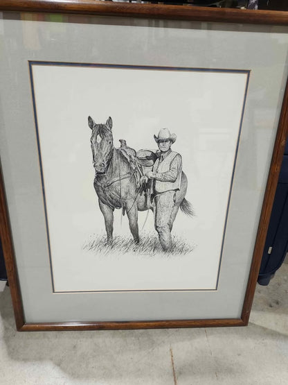 Original Framed Cowboy and Horse Sketch - Pen & Ink 1985