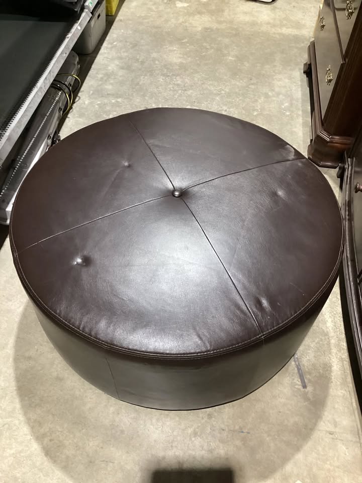 Brown Round Leather Ottoman