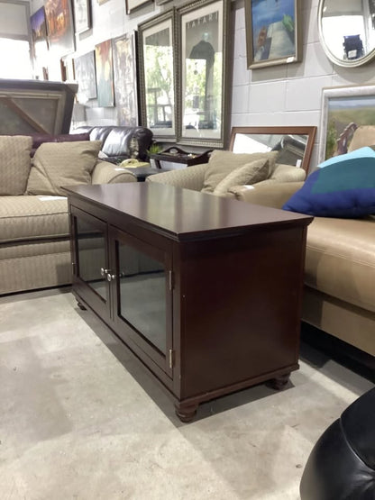 Brown Wooden TV Stand with Glass Doors