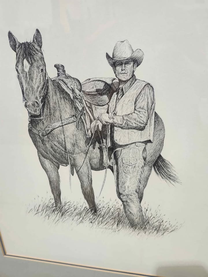 Original Framed Cowboy and Horse Sketch - Pen & Ink 1985