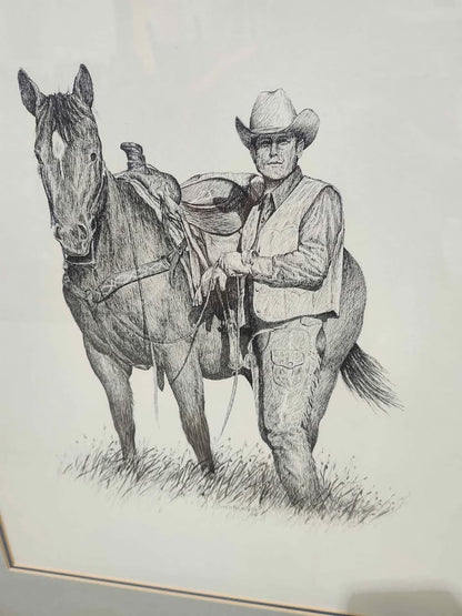 Original Framed Cowboy and Horse Sketch - Pen & Ink 1985