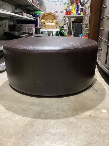 Brown Round Leather Ottoman
