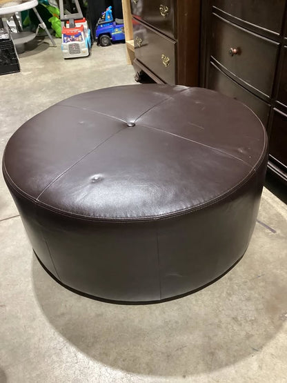 Brown Round Leather Ottoman