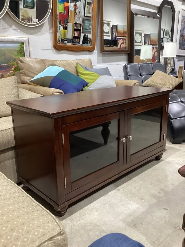 Brown Wooden TV Stand with Glass Doors