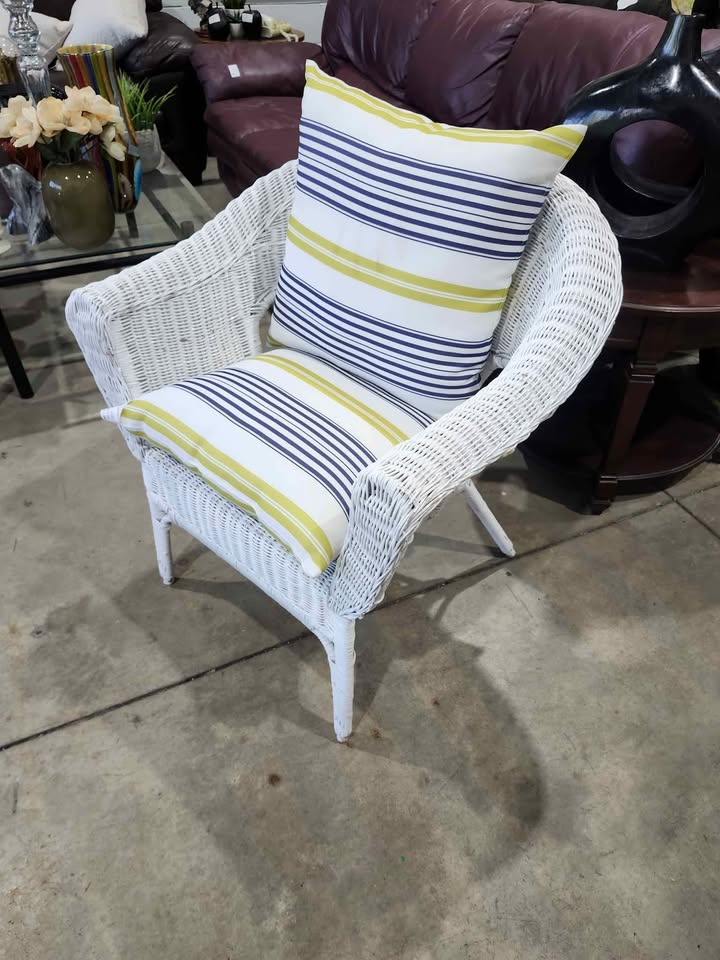 White Wicker Chair with Striped Cushions