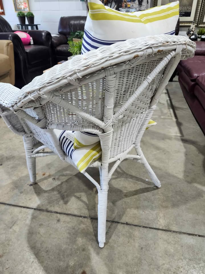 White Wicker Chair with Striped Cushions