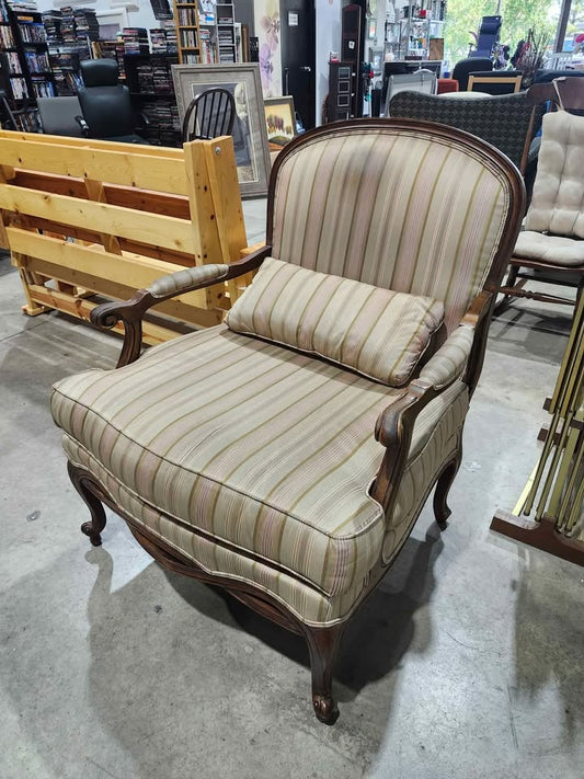 Vintage Ethan Allen Striped Armchair with Wooden Frame