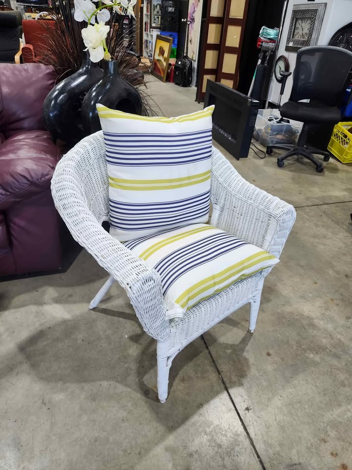 White Wicker Chair with Striped Cushions