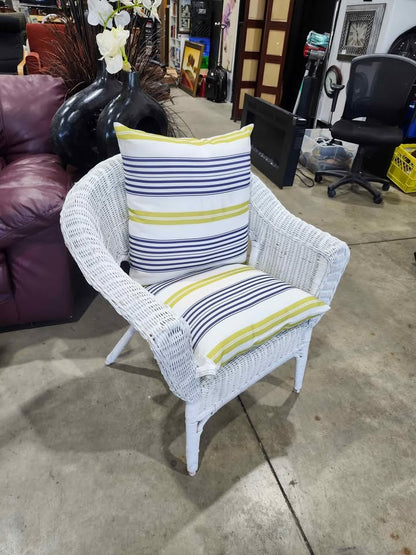 White Wicker Chair with Striped Cushions