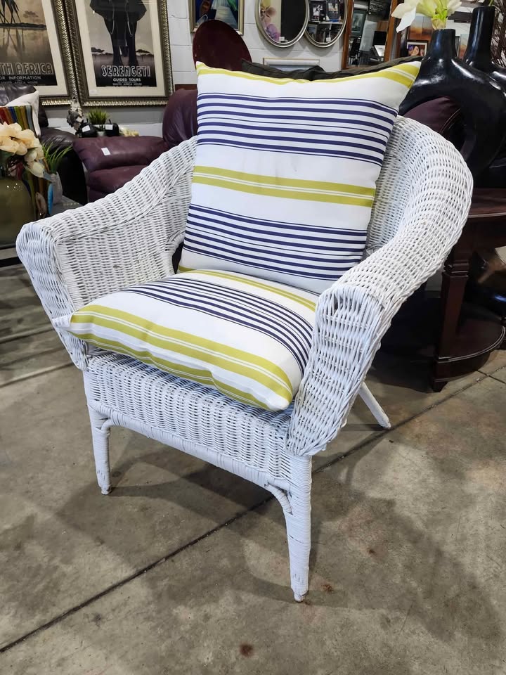 White Wicker Chair with Striped Cushions